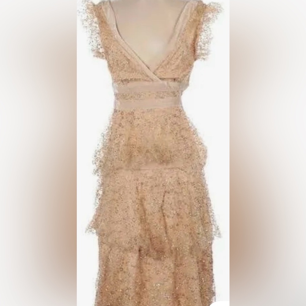 Lulu's Champagne Tiered Glitter V-Neck Midi Dress